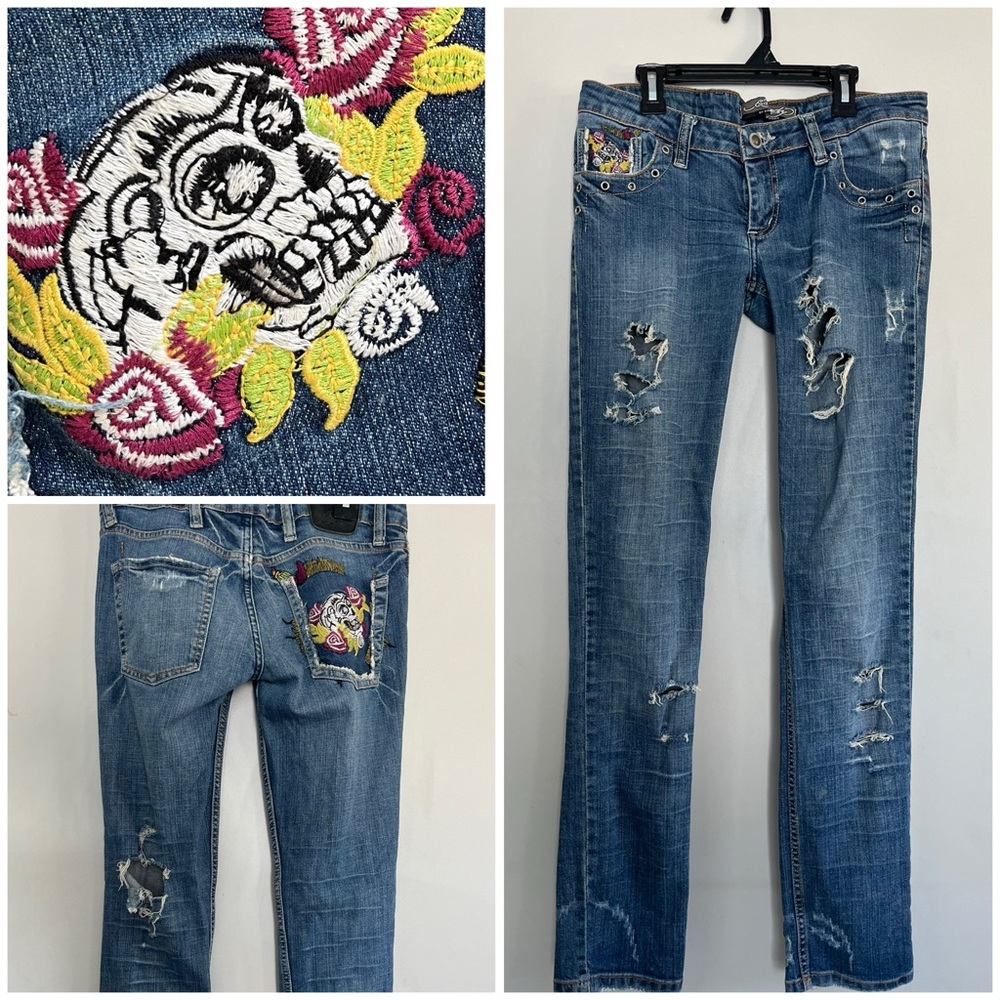 Ed Hardy Low Rise Blue Boot Cut Jeans with Skull Embroidery